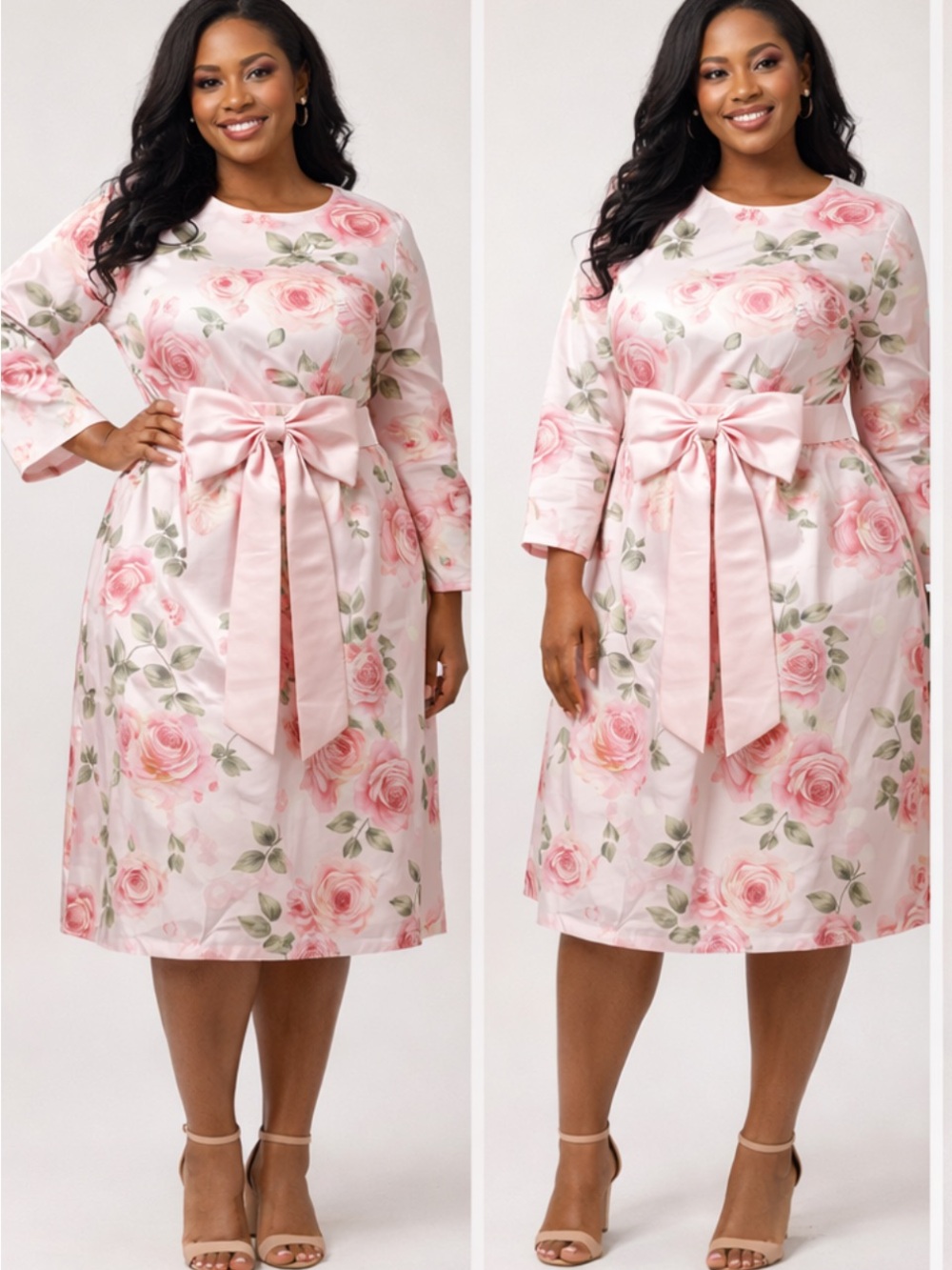 Pink Floral Midi Dress with Bow-Back Detail